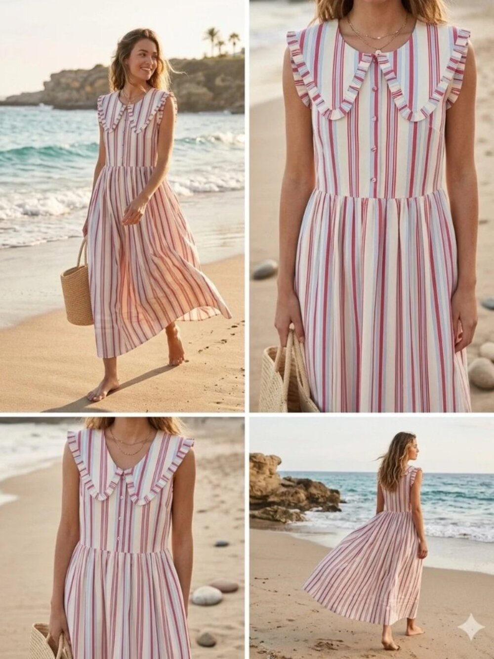 NEW! Caroline Constas Red, Blue & Cream Striped Ruffle-Collar Dress